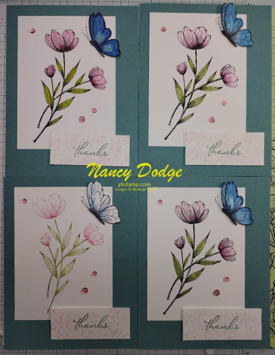 4 Spotlight on Nature cards made using the same stamps and colors but different techniques
